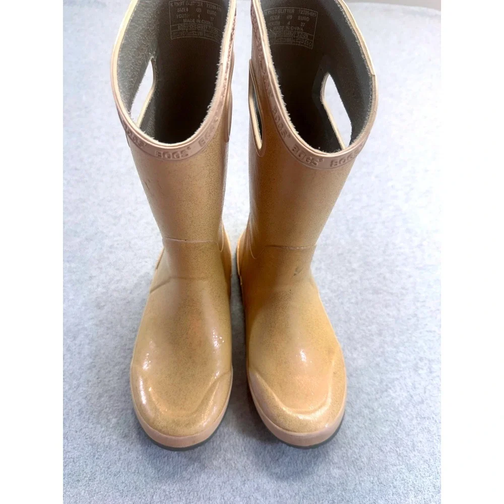 Bogs K Rainey Glitter Rain Boots Kids Size 4 Tan Gold Waterproof Pull On Handles